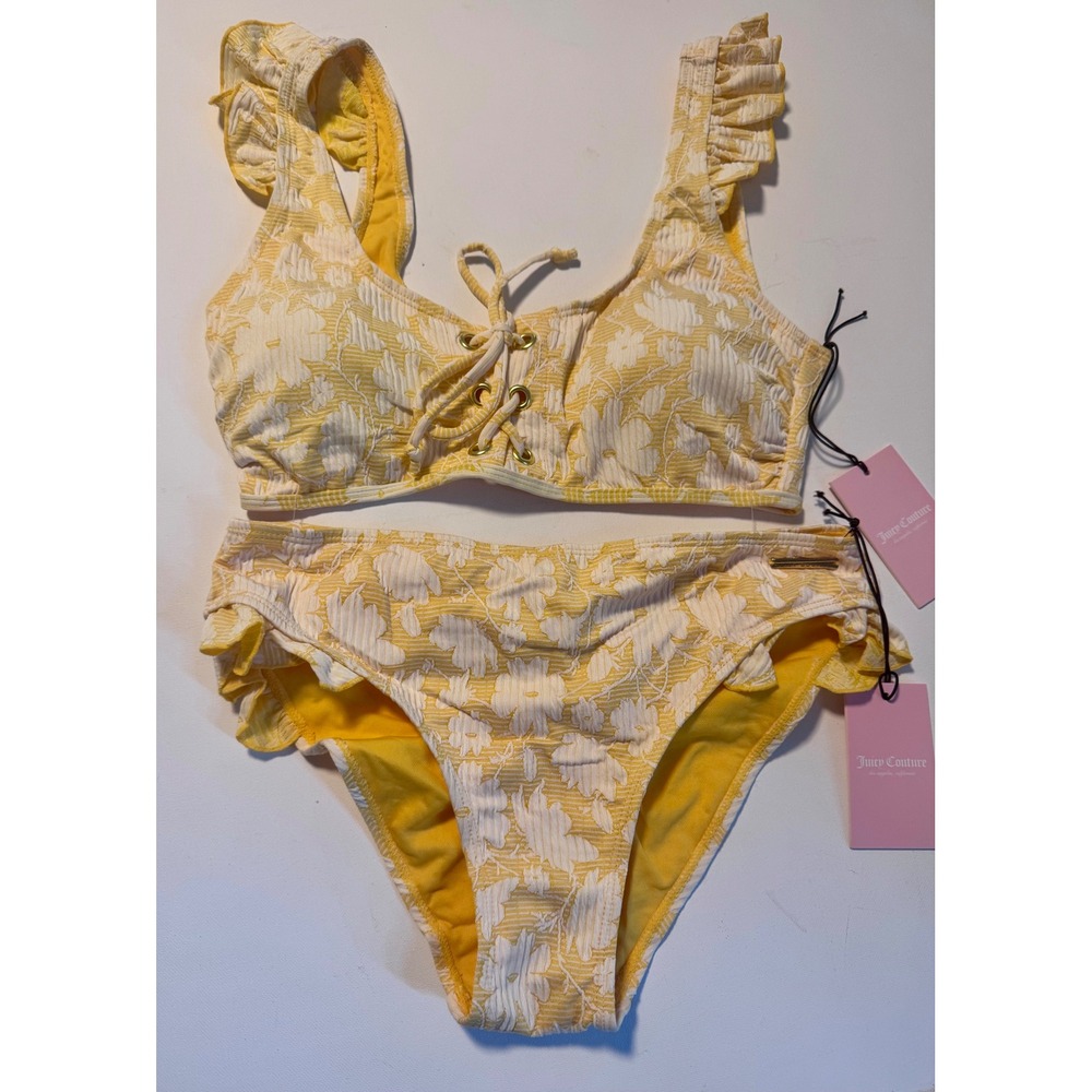 Juicy Couture Textured Floral Bikini Set Yellow White Ruffle Lace-Up NWT